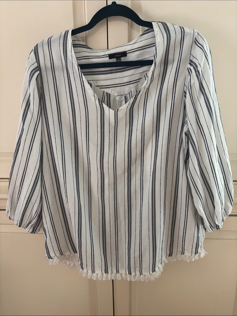 Drew White & Navy Striped V-Neck Blouse with Fringed Hem